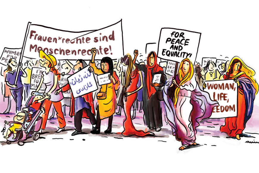 Cartoon Frauen halten Schilder hoch - Copyright: Maren Amini