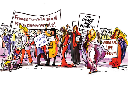 Cartoon Frauen halten Schilder hoch - Copyright: Maren Amini